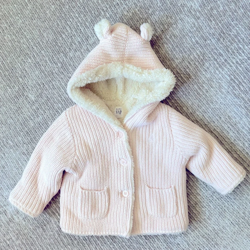 Baby Gap Pink Knit Hooded Cardigan With Sherpa Lining Size 3–6M Cozy Jacket